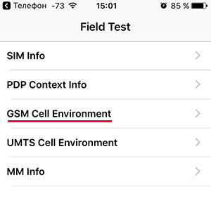 Меню Field Test в iPhone