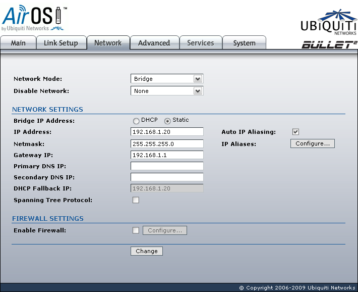 Ubiquiti Bullet2 Network Bridge mode