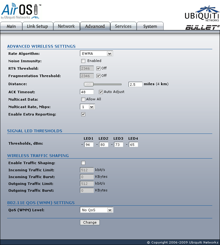 Ubiquiti Bullet2 Advanced page