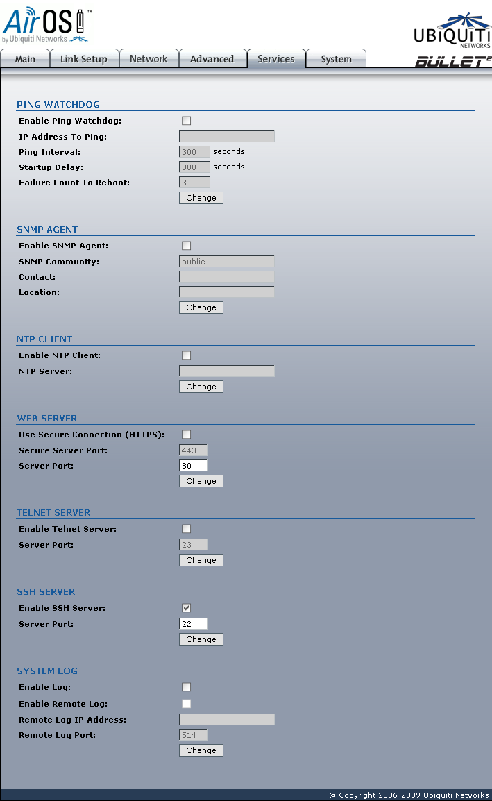 Ubiquiti Bullet2 Serveces page