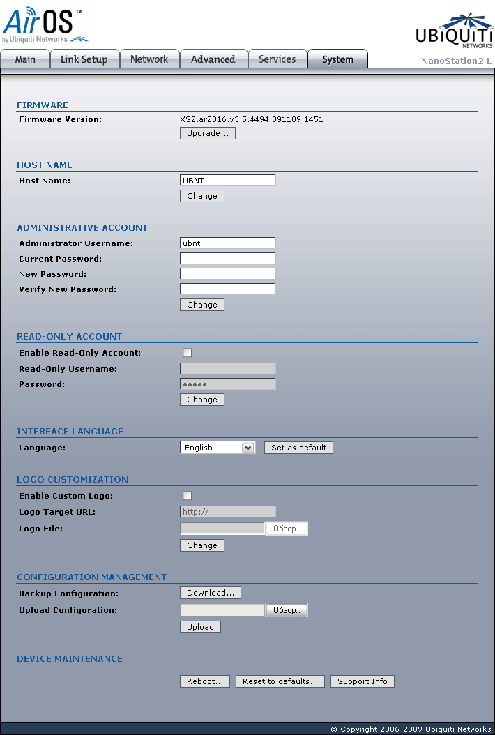 Ubiquiti Nanostation2 Loco System page