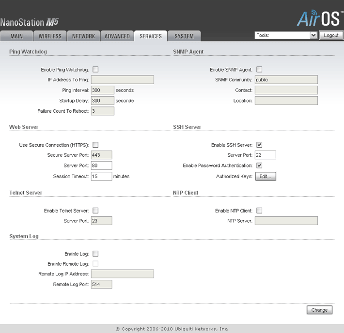 Ubiquiti Nanostation M5 Services page