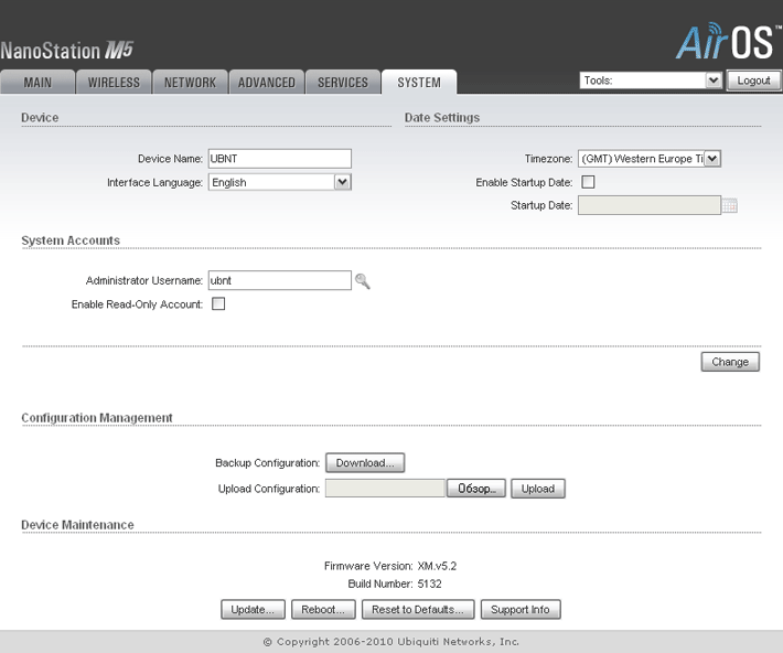 Ubiquiti Nanostation M5 System page