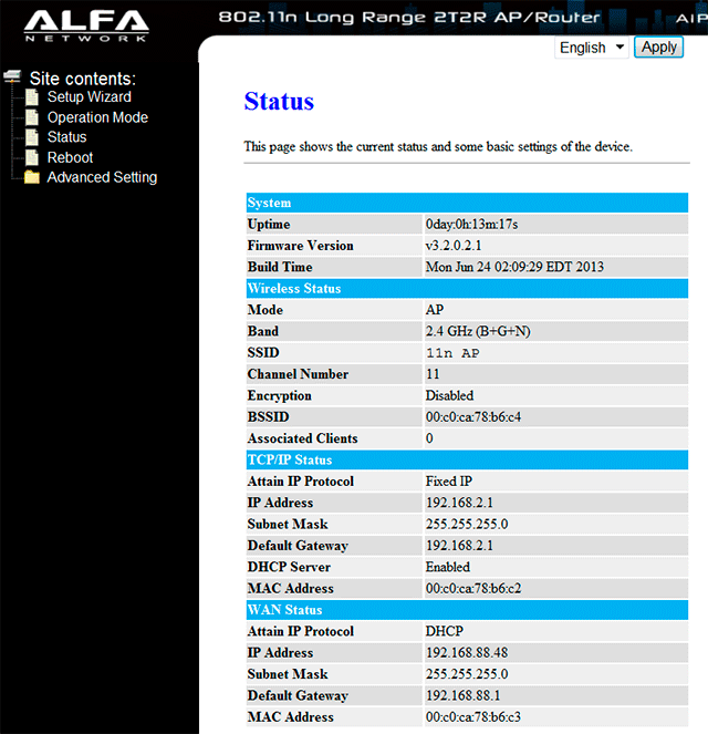 Меню настройки роутера Alfa AIP-W525H