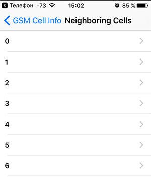Меню Neighboring Cells в iPhone
