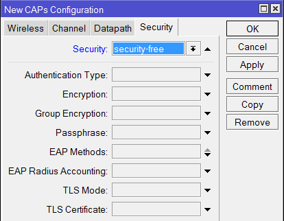 Выбор открытого профиля безопасности для гостевой сети в MikroTik CapsMan