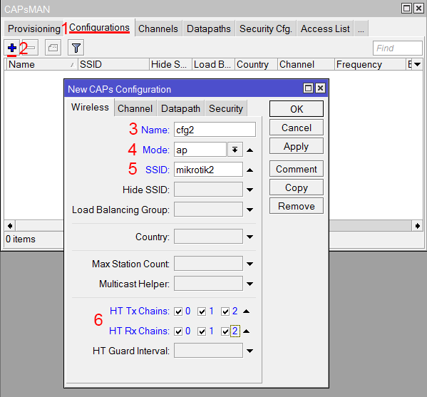 Создание новой конфигурации для частоты 2,4ГГц в MikroTik CAPsMAN