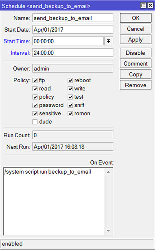 MikroTik: Настройка параметров задачи планировщика