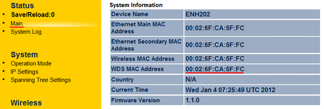 MAC адрес точки доступа EnGenius