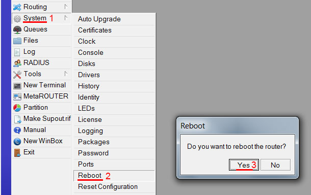 Перезагружаем роутер MikroTik