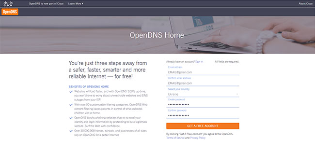 Регистрация на сайте OpenDNS