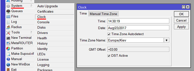 Проверяем настройки даты и времени в роутере MikroTik