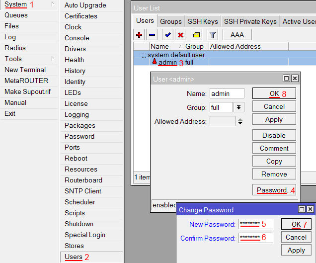 изменение пароля доступа к роутеру miktotik
