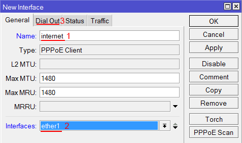 Выбор интерфейса PPPoE MikroTik
