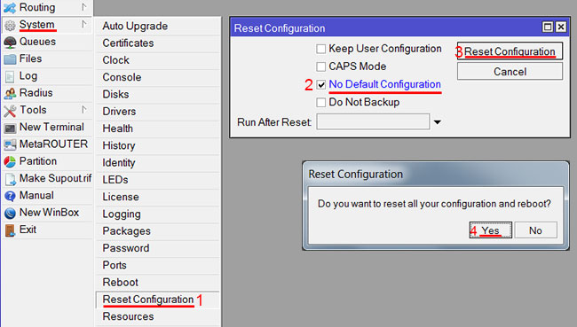 сбросить настройки mikrotik