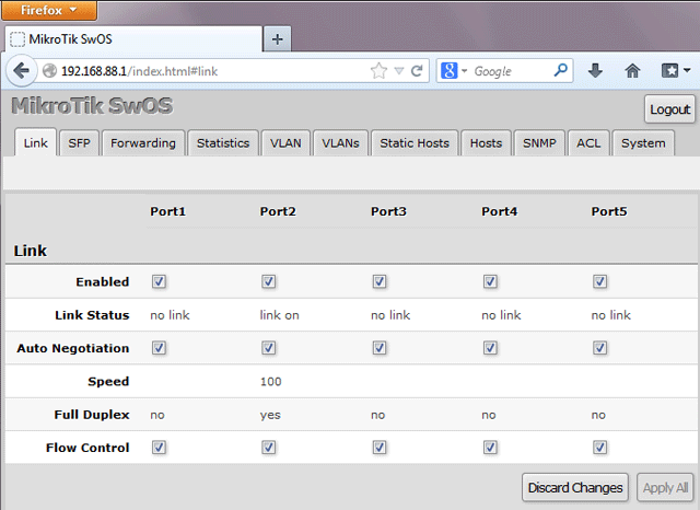 Web интерфейс настройки MikroTik RB260GS