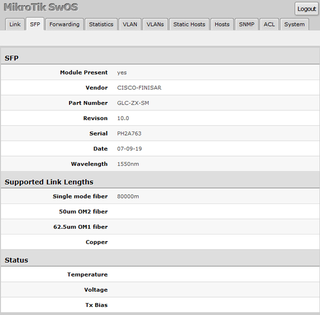 Подключение SFP модуля CISCO к управляемому коммутатору MikroTik RB260GS